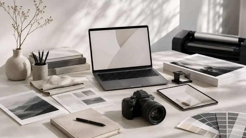 Minimal Atölye’nin web tasarım, fotoğrafçılık, grafik tasarım ve baskı çalışmalarını temsil eden modern çalışma alanı